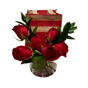 Small Vase and Six Roses in Burlap